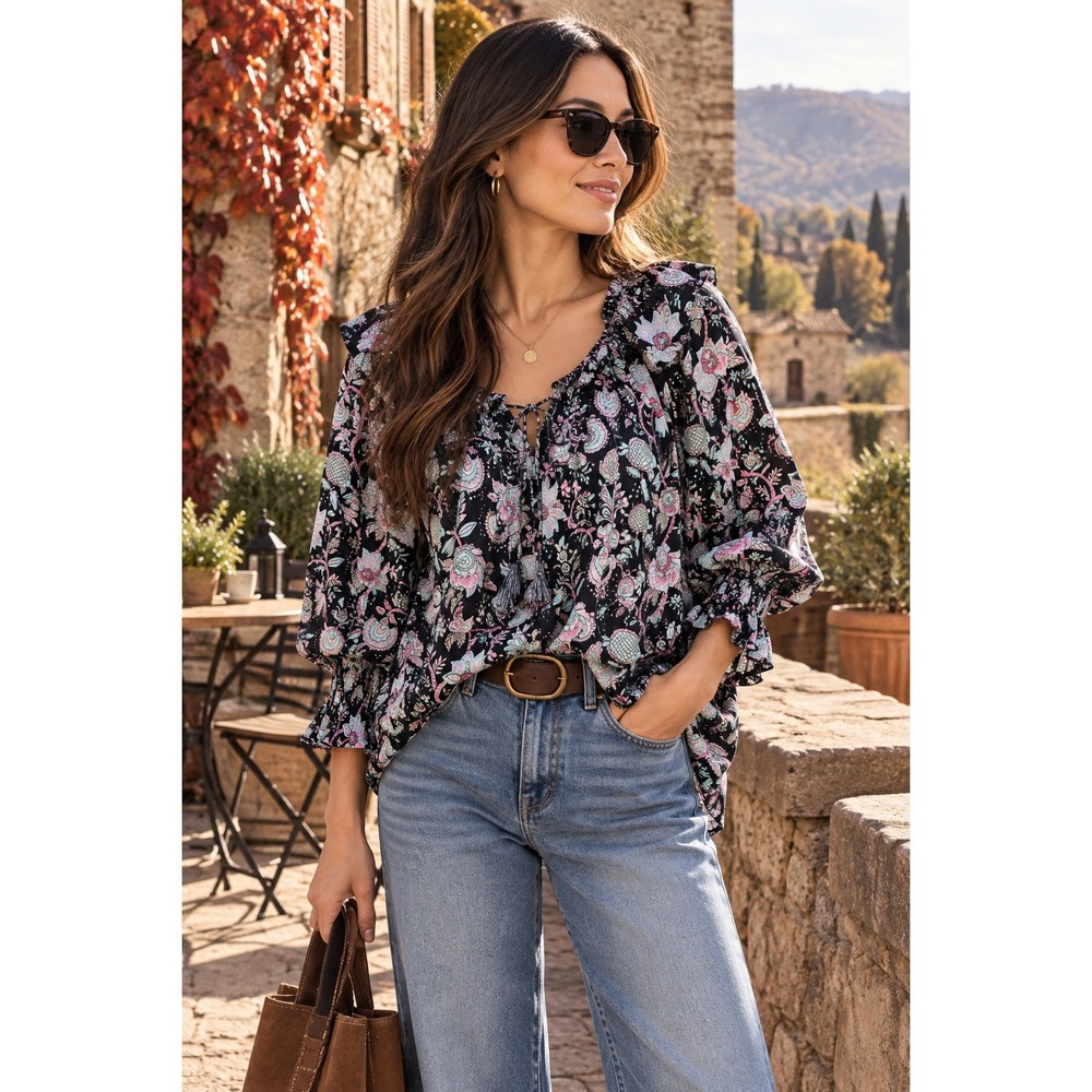 Mille Resort & Travel Peasant Floral Cotton Blouse Cottagecore Tassel Ruffle S